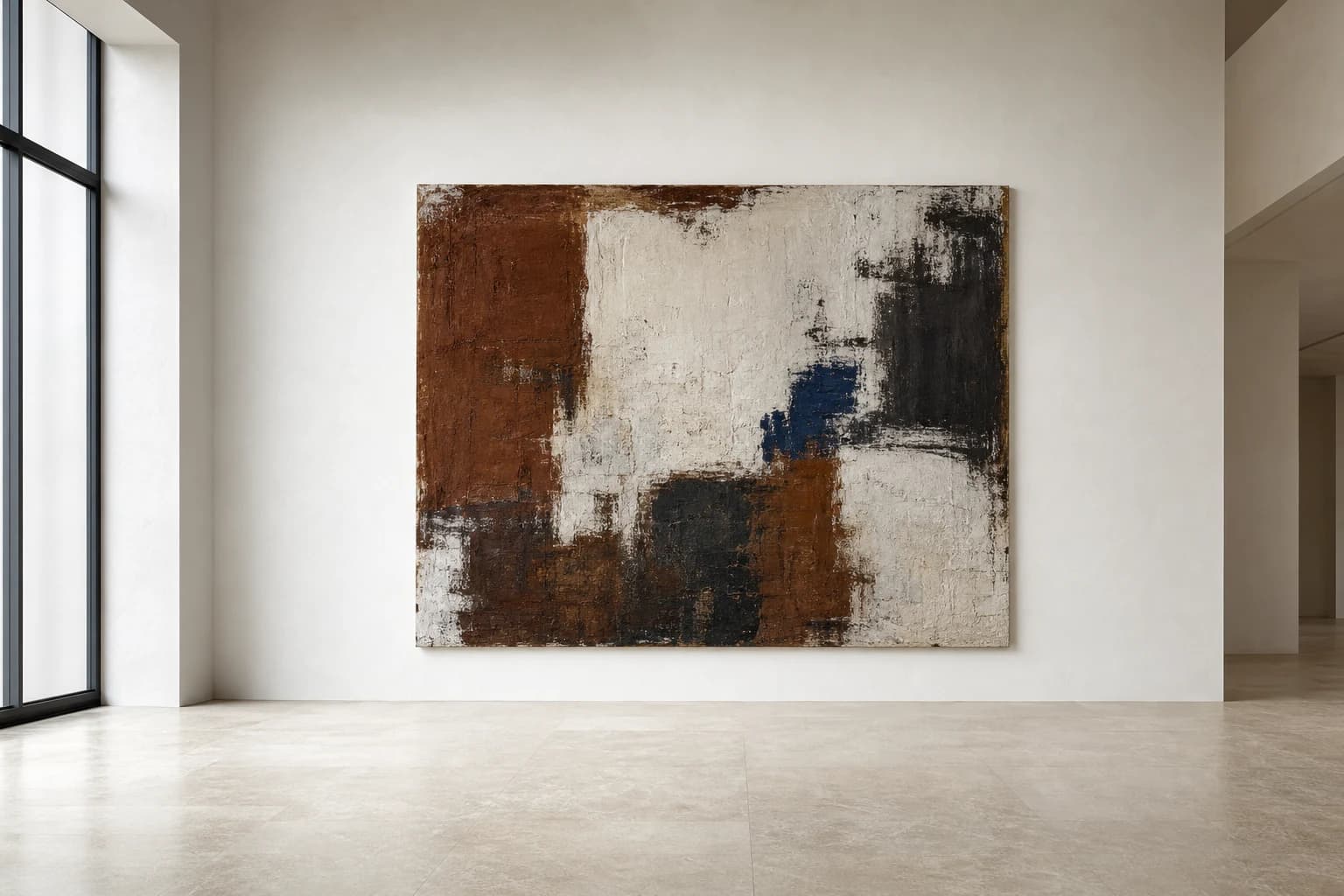 A monumental abstract artwork presented in a quiet white gallery