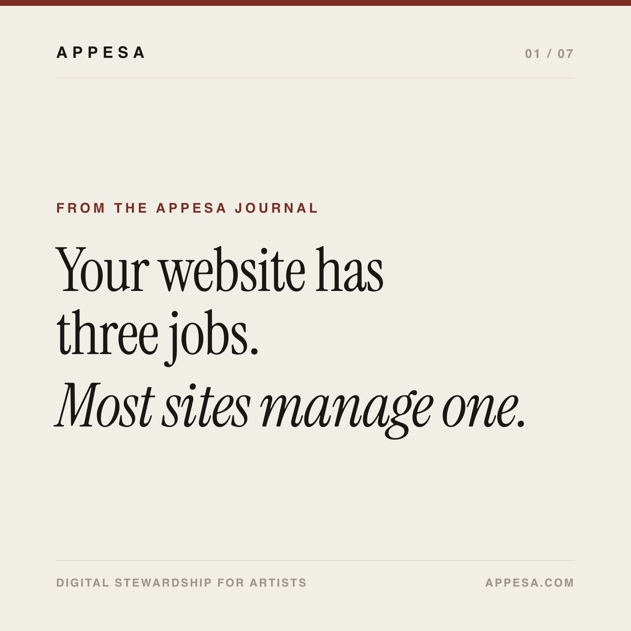 A paper-coloured slide with an oxide rule reading: Your website has three jobs. Most sites manage one.